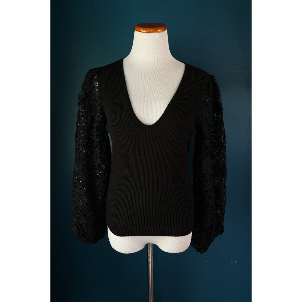 NWT French Connection Black Loa Joss Sequin Balloon Lace Sleeve V Neck Sweater